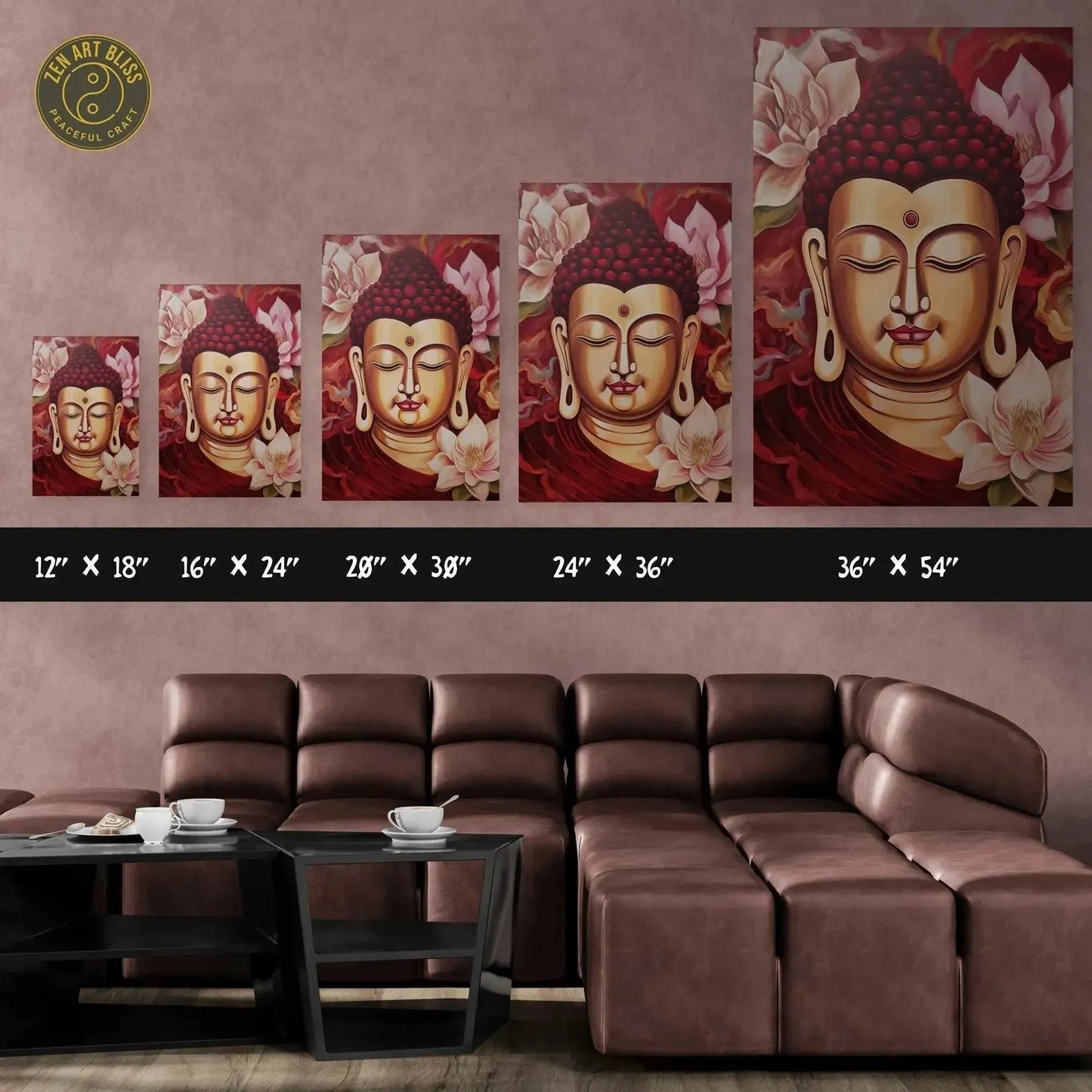 A collection of five ZenArtBliss.com paintings from Printify, featuring the New York Zen Office Decor: Golden Buddha Head Serenity, adorns the wall above a brown sectional sofa. Each piece showcases a peaceful Buddha face with lotus flowers on a maroon background, with sizes ranging from 12"x18" to 36"x54".