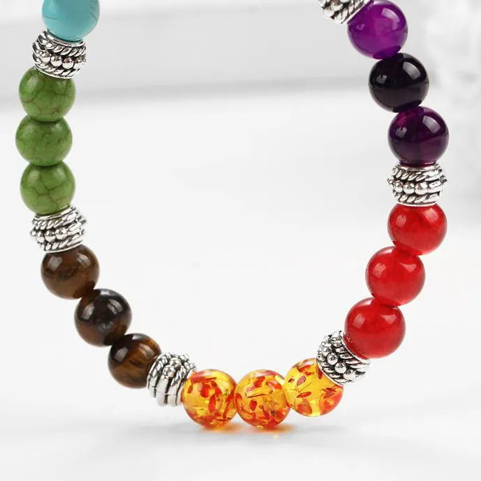 7 Natural Stone Stretch 18K White Gold Plated Bracelet ITALY Design -ZenArtBliss