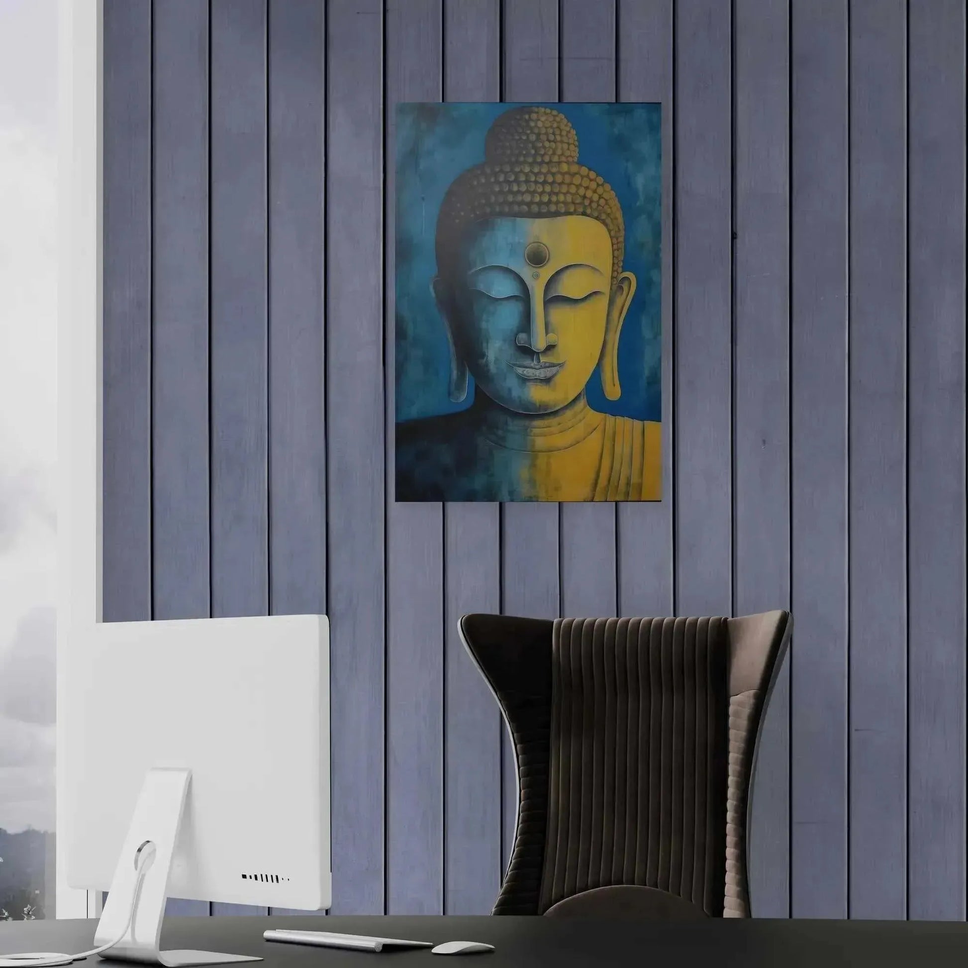 Blue Zen Buddha with Golden Accents Painting Poster Zen Artwork