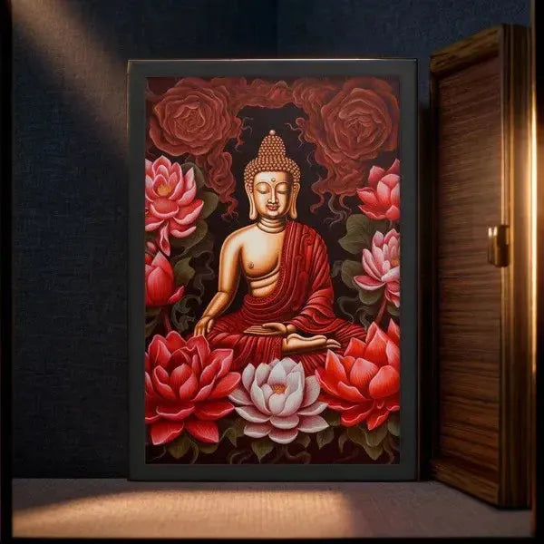 Buddha Framed Print: Golden Radiance, Lush Roses -ZenArtBliss
