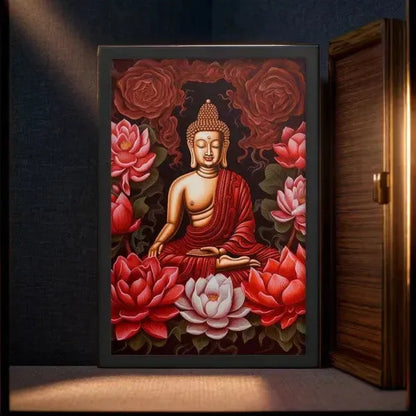 Buddha Framed Print: Golden Radiance, Lush Roses -ZenArtBliss