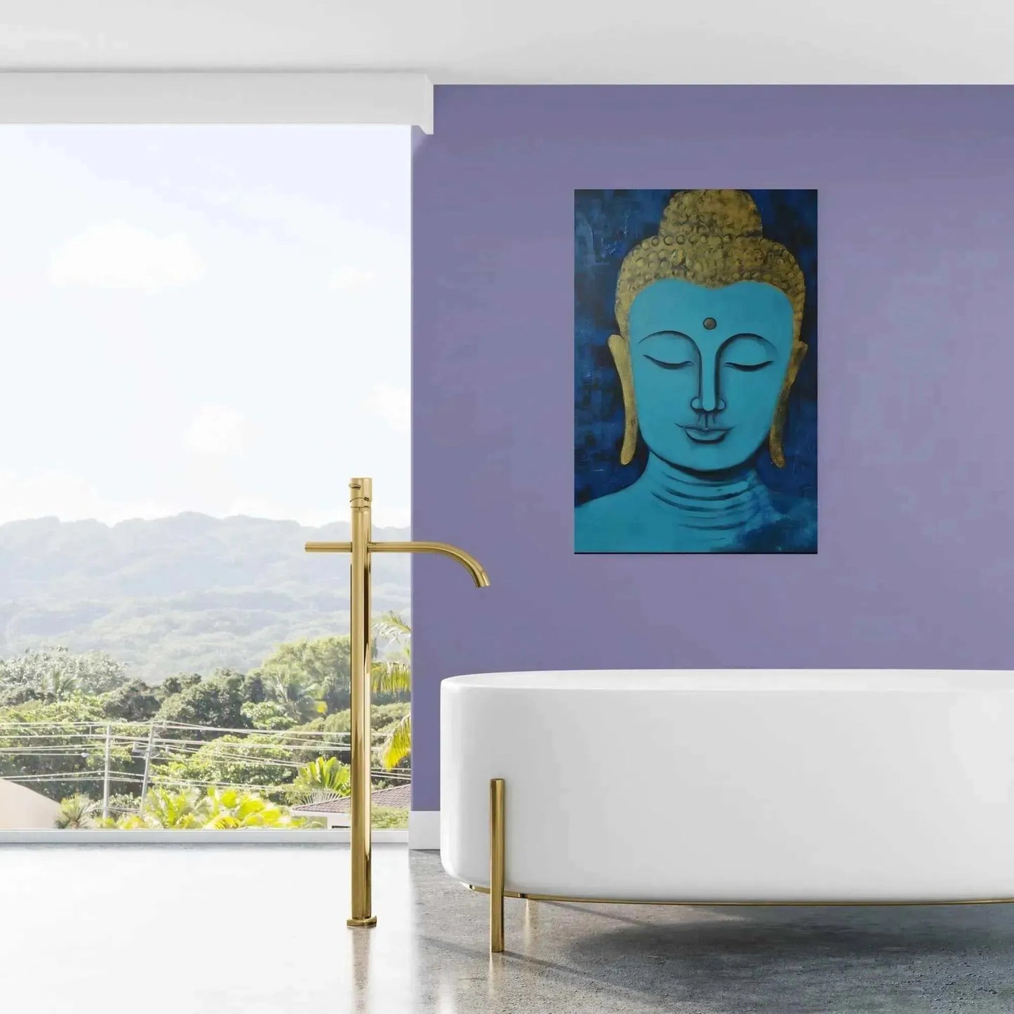 A minimalist bathroom features a white tub and a sleek gold faucet, with a large window showcasing a lush, mountainous view. A vibrant piece called "Tranquil Buddha Head Canvas Meditation Yoga Pose Painting" by Printify adorns a purple wall, infusing the contemporary space with Zen calm.
