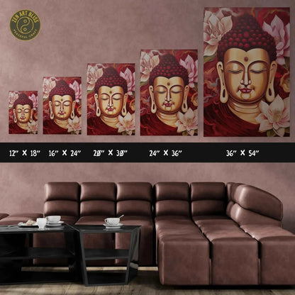 A series of "Buddha in Art Oregon: Tranquil Buddha Head Canvas Meditation Yoga Pose" paintings by Printify are displayed above a brown sectional sofa. Each artwork is accompanied by its dimensions, enhancing the floral-themed backdrop to create a serene, Zen-like atmosphere in the room.