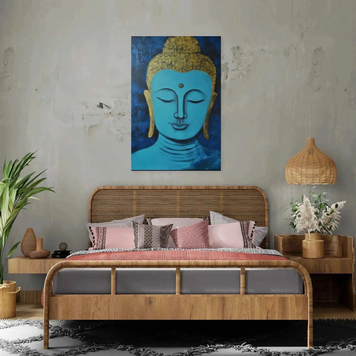 A tranquil bedroom showcases a rattan bed and nightstand, embellished with pink and patterned pillows. Hanging above the bed is the serene "Buddha in Art Oregon: Tranquil Buddha Head Canvas Meditation Yoga Pose Painting" by Printify, offering an elegant Buddha-inspired touch. A potted plant and woven pendant light further accentuate the natural, soothing Zen decor.