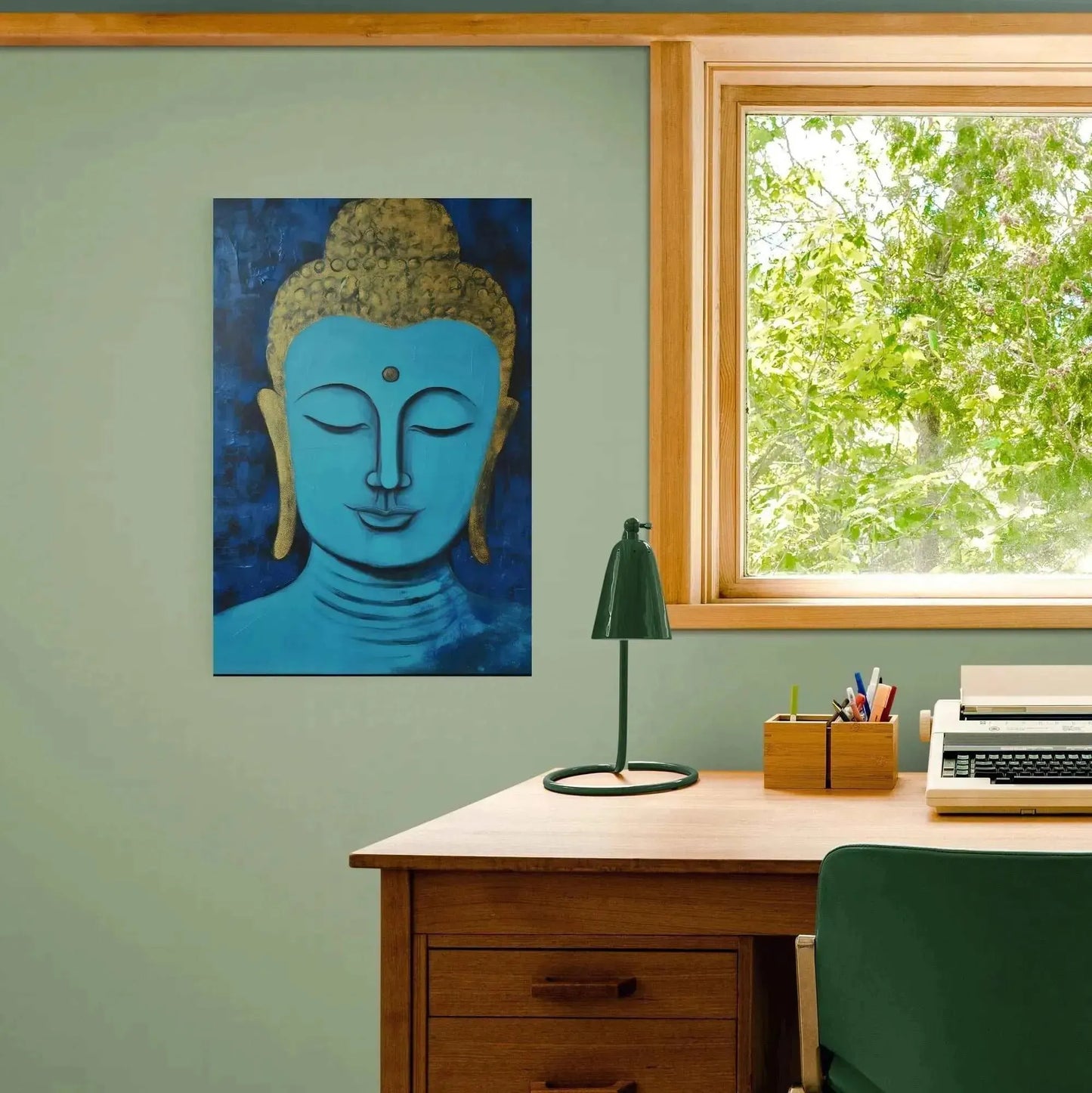 A serene room featuring a wooden desk and a green chair radiates Zen calm. An old-fashioned typewriter is placed next to a lamp and stationery. The light green wall displays the captivating "Tranquil Buddha Head Canvas" painting by Printify, depicting a blue figure with a gold headdress in meditation. Through the window, lush foliage enhances the tranquility.