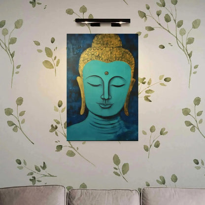 The "Tranquil Buddha Head Canvas" by Printify, a painting in calming shades of blue and gold that embodies the essence of Zen tranquility, is displayed on a wall with a leafy pattern. This artwork, titled "Buddha in Art Oregon," is subtly lit from above to enhance its peaceful ambiance. Beneath the painting sits a light-colored sofa.