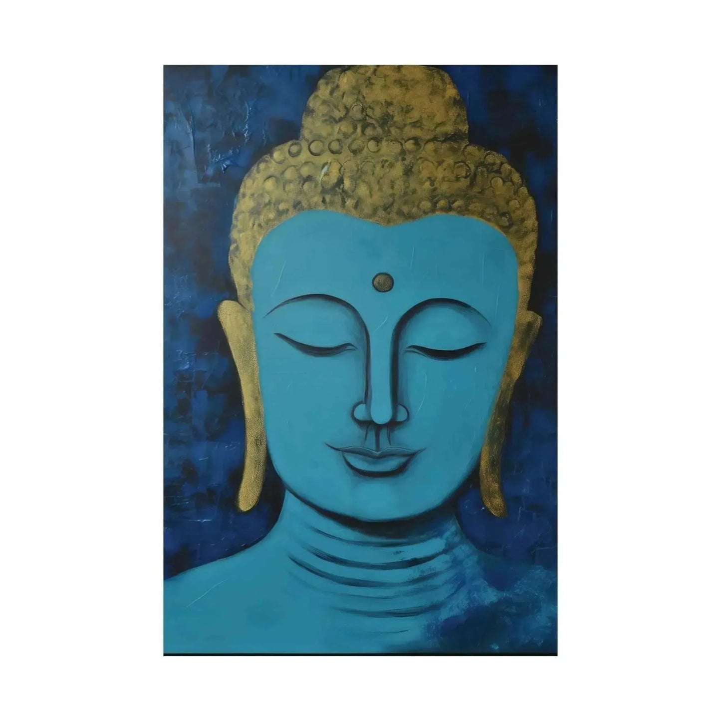 The "Tranquil Buddha Head Canvas" by Printify, part of the Buddha in Art Oregon collection, beautifully captures the essence of Zen calm. This artwork showcases a serene depiction of Buddha with a gold and blue color palette. With closed eyes and a small dot on his forehead, his face exudes a meditative tranquility against a deep blue background.