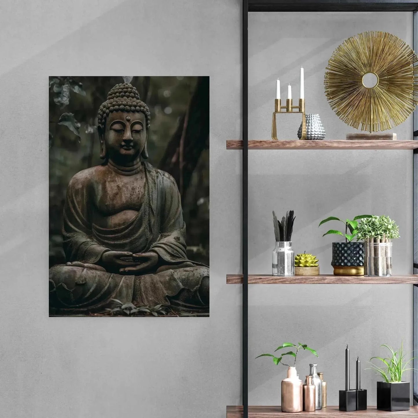A tranquil room showcases the "Buddha in Meditation: ZenArtBliss.com's Fusion of Art and Spirituality" from Printify on a gray wall. Nearby shelves adorned with candles, plants, books, and decorative items further enrich the harmonious Zen Art ambiance.