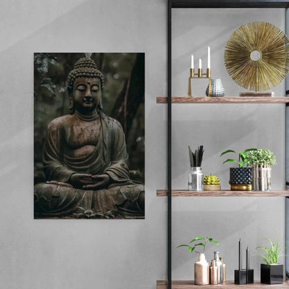 A tranquil room showcases the "Buddha in Meditation: ZenArtBliss.com's Fusion of Art and Spirituality" from Printify on a gray wall. Nearby shelves adorned with candles, plants, books, and decorative items further enrich the harmonious Zen Art ambiance.