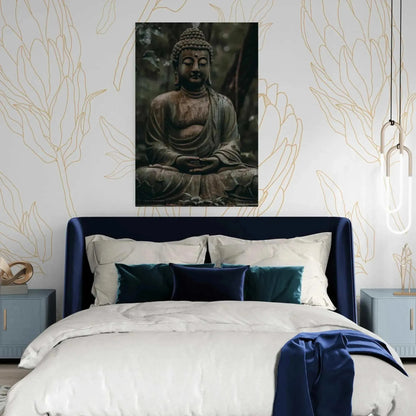 A bedroom with a navy velvet headboard, light bedding, and blue accent pillows features a framed "Buddha in Meditation: ZenArtBliss.com's Fusion of Art and Spirituality" from Printify hanging above the bed. The wallpaper showcases floral patterns, complemented by pendant lights on either side of the bed.