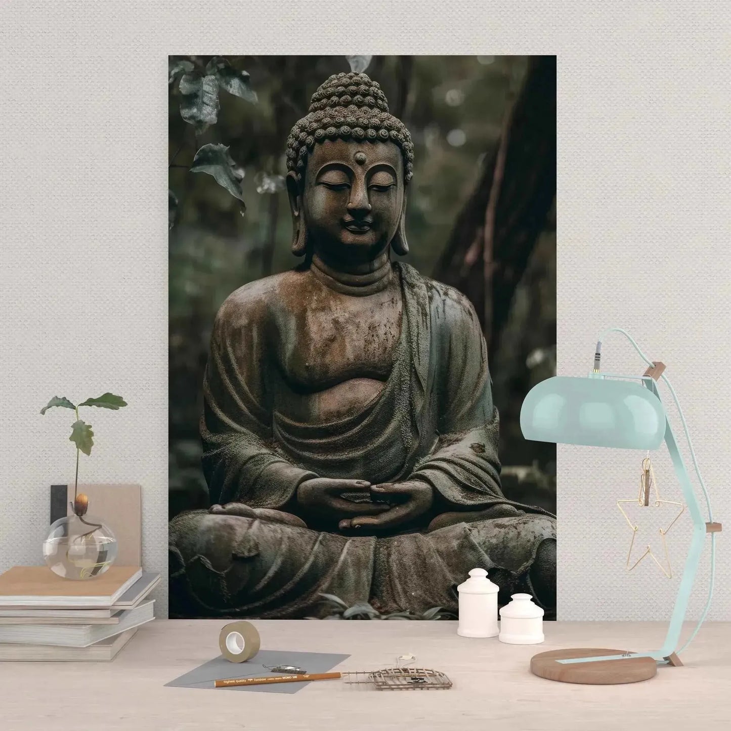 A serene room showcases Printify's "Buddha in Meditation: ZenArtBliss.com's Fusion of Art and Spirituality" artwork on the wall. In front, a desk is adorned with a turquoise lamp, books, a small plant, and a star-shaped hanging decoration, creating a calm and meditative atmosphere that beautifully embodies the essence of Zen Art.