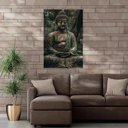In a modern living room, a taupe sectional sofa with green cushions stands out against a textured beige wall. A large framed piece titled "Buddha in Meditation: ZenArtBliss.com's Fusion of Art and Spirituality," from Printify, is elegantly hung above the sofa. To the left, a potted plant adds to the serene atmosphere.