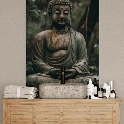 A tranquil bathroom arrangement highlights the "Buddha in Meditation" from ZenArtBliss.com's Fusion of Art and Spirituality collection by Printify as a stunning backdrop. The wooden vanity, complete with a stone sink, various toiletries, and neatly folded towels, enhances the serene, spa-like ambiance.