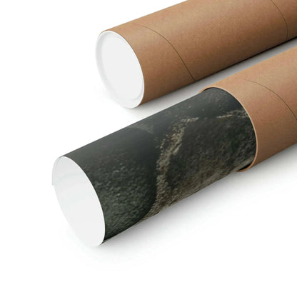 Two cylindrical brown cardboard tubes, one partially open to unveil a dark, textured print from Printify. The print features earthy tones with subtle patterns, embodying an abstract design reminiscent of Zen art and capturing the essence of Buddha in Meditation from ZenArtBliss.com's Fusion of Art and Spirituality.