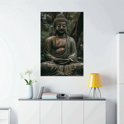 A serene poster titled "Buddha in Meditation: ZenArtBliss.com's Fusion of Art and Spirituality" from Printify hangs on a white wall above a modern white cabinet. The cabinet holds a vase with white flowers, books, and an orange desk lamp, creating a calm and minimalist setting.