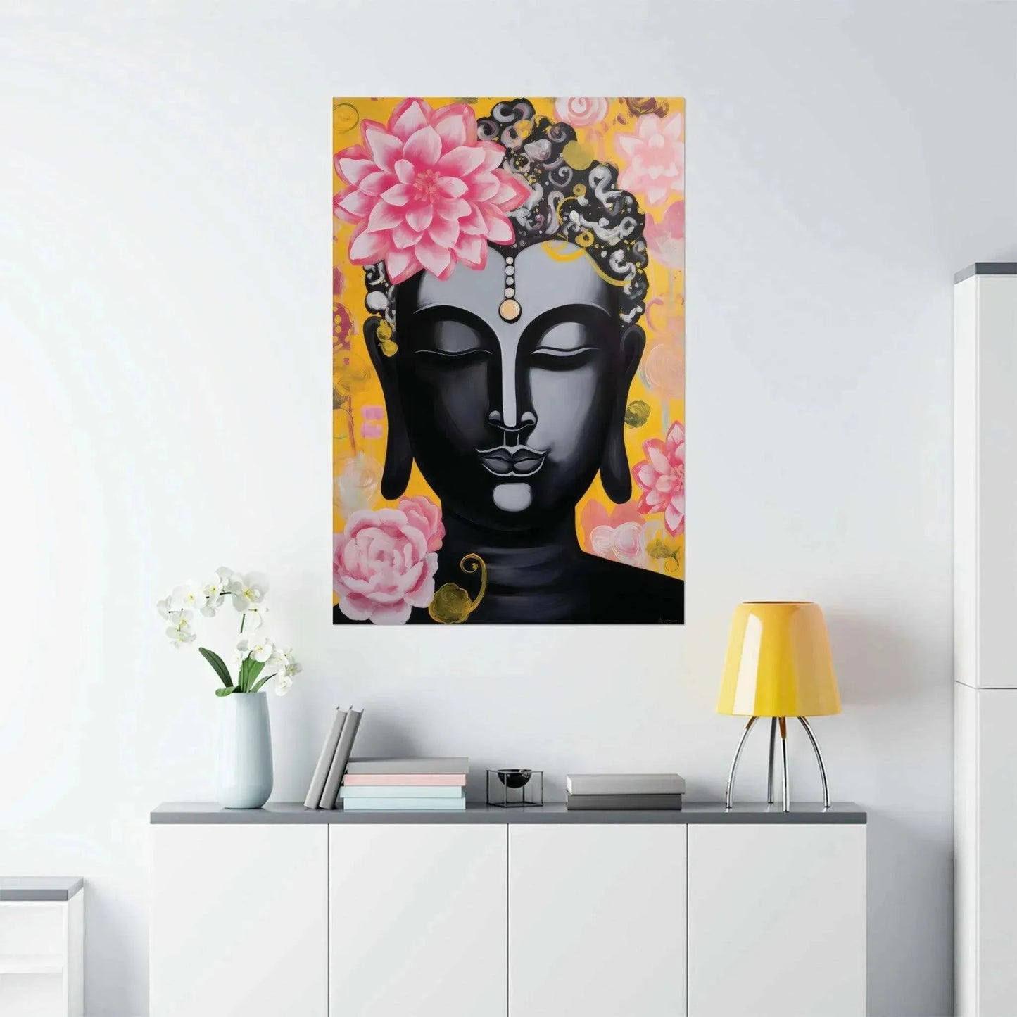 ZenArtBliss.com's Buddha Poster Tennessee showcasing a black Buddha Head with pink lotuses, blending tradition with a modern twist on premium matte paper.