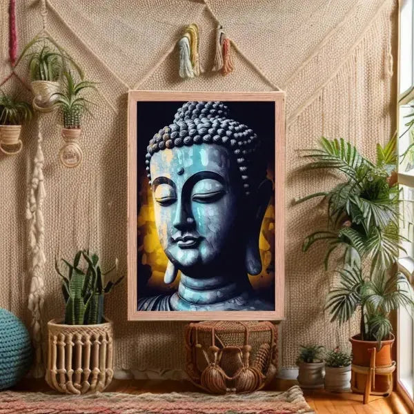 An Inner Peace Art print in calming blue from Zenartbliss enhances a bohemian-style room adorned with woven wall hangings, potted plants, and natural light streaming through the window. This masterpiece fosters a peaceful, meditative atmosphere.