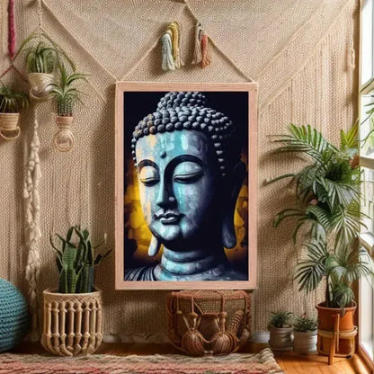 An Inner Peace Art print in calming blue from Zenartbliss enhances a bohemian-style room adorned with woven wall hangings, potted plants, and natural light streaming through the window. This masterpiece fosters a peaceful, meditative atmosphere.