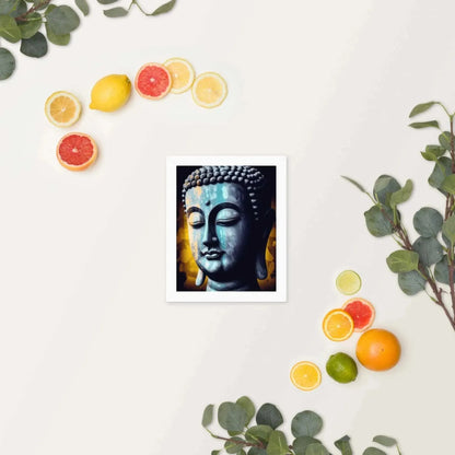 A framed image titled "Inner Peace Art" from Zenartbliss features a calming blue textured print on a light background, surrounded by citrus fruits such as grapefruits, lemons, limes, and oranges, with green eucalyptus branches adding to its tranquility.