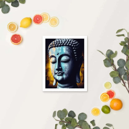 This captivating artwork, provided by Zenartbliss, showcases the Inner Peace Art - Calming Blue Textured Print with a sustainable frame. The image features the Introspective Buddha head, beautifully surrounded by an arrangement of grapefruits, lemons, and limes amidst eucalyptus branches on a gentle light background.