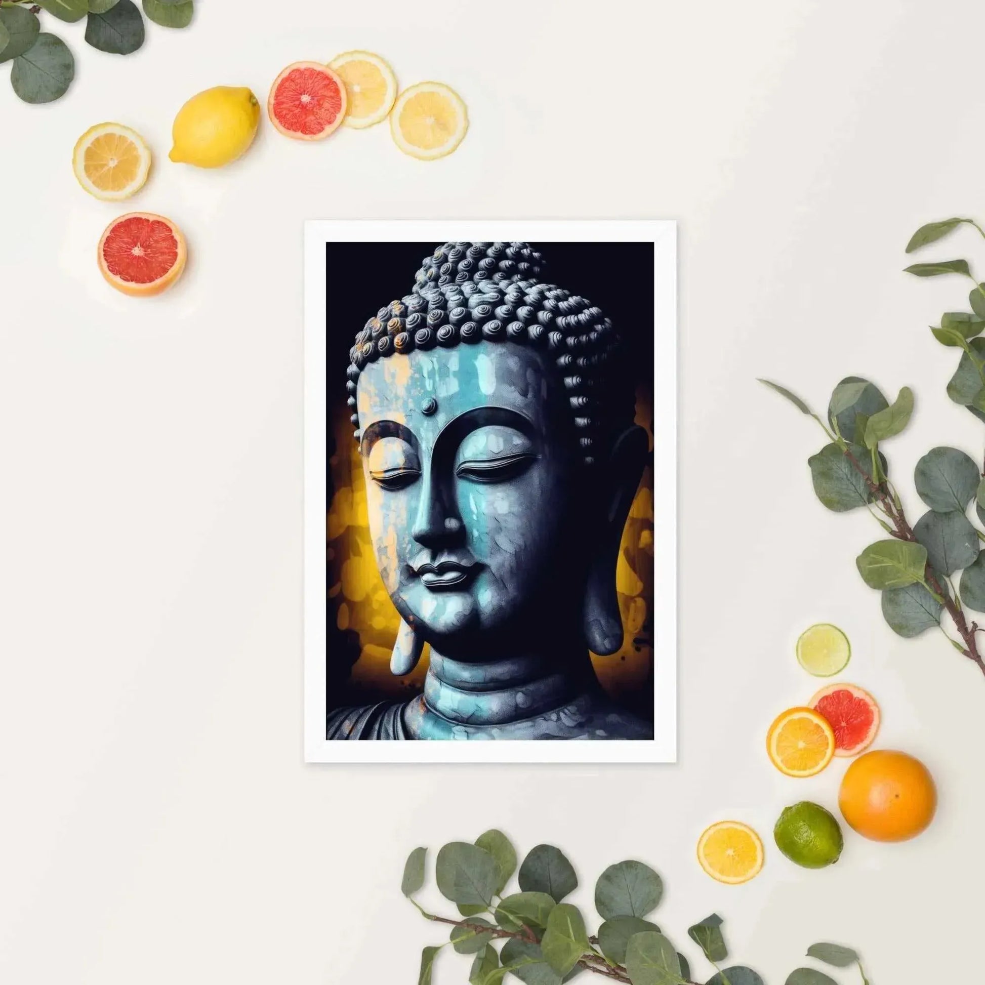 A calming blue textured print of an introspective Buddha statue, known as the "Inner Peace Art," adorns a light wall. The sustainable frame is beautifully complemented by an arrangement of assorted citrus fruits—lemons, oranges, and limes—along with green leaves, exemplifying the peaceful balance that embodies Zenartbliss.
