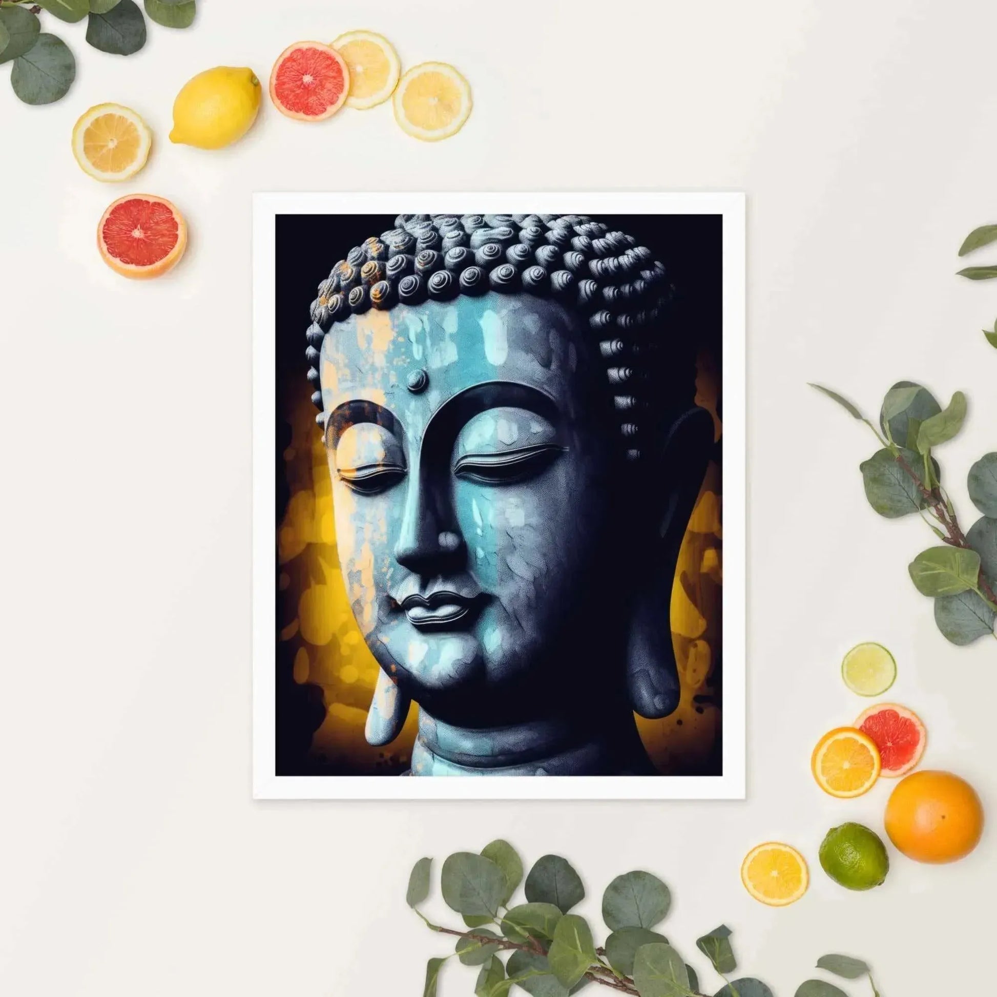 The "Inner Peace Art - Calming Blue Textured Print with Sustainable Frame" by Zenartbliss showcases an introspective Buddha with closed eyes, surrounded by vibrant citrus slices like oranges and lemons. Enhanced with eucalyptus leaves, this piece perfectly embodies mindfulness artwork.