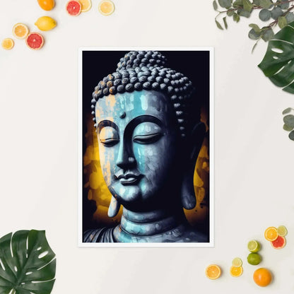 A serene Buddha sculpture with a calm expression and closed eyes takes center stage against a yellow and blue background in the Inner Peace Art by Zenartbliss. Embrace tranquility as decorative greenery and citrus fruits, like oranges and limes, are artfully arranged around the border of this mindfulness artwork, all presented in a calming blue textured print with a sustainable frame.