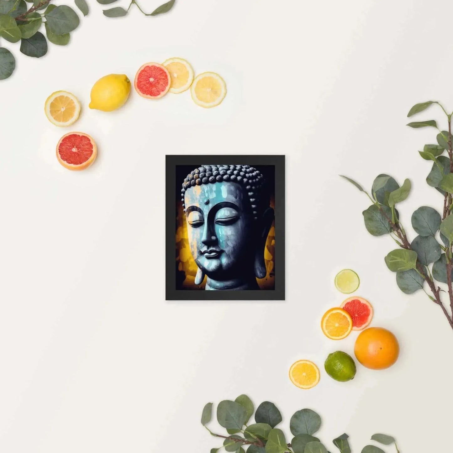A framed picture of the Inner Peace Art - Calming Blue Textured Print is centered on a light background. Surrounding it are an assortment of citrus fruits and eucalyptus branches, creating a balanced arrangement by Zenartbliss.