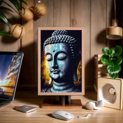 A wooden desk setup featuring the Inner Peace Art - a calming blue textured print encased in a sustainable frame, alongside a laptop, mouse, and various office accessories. A small plant and decorative hanging orbs enhance the aesthetic. Warm lighting contributes to the Zenartbliss atmosphere, crafting a tranquil workspace.