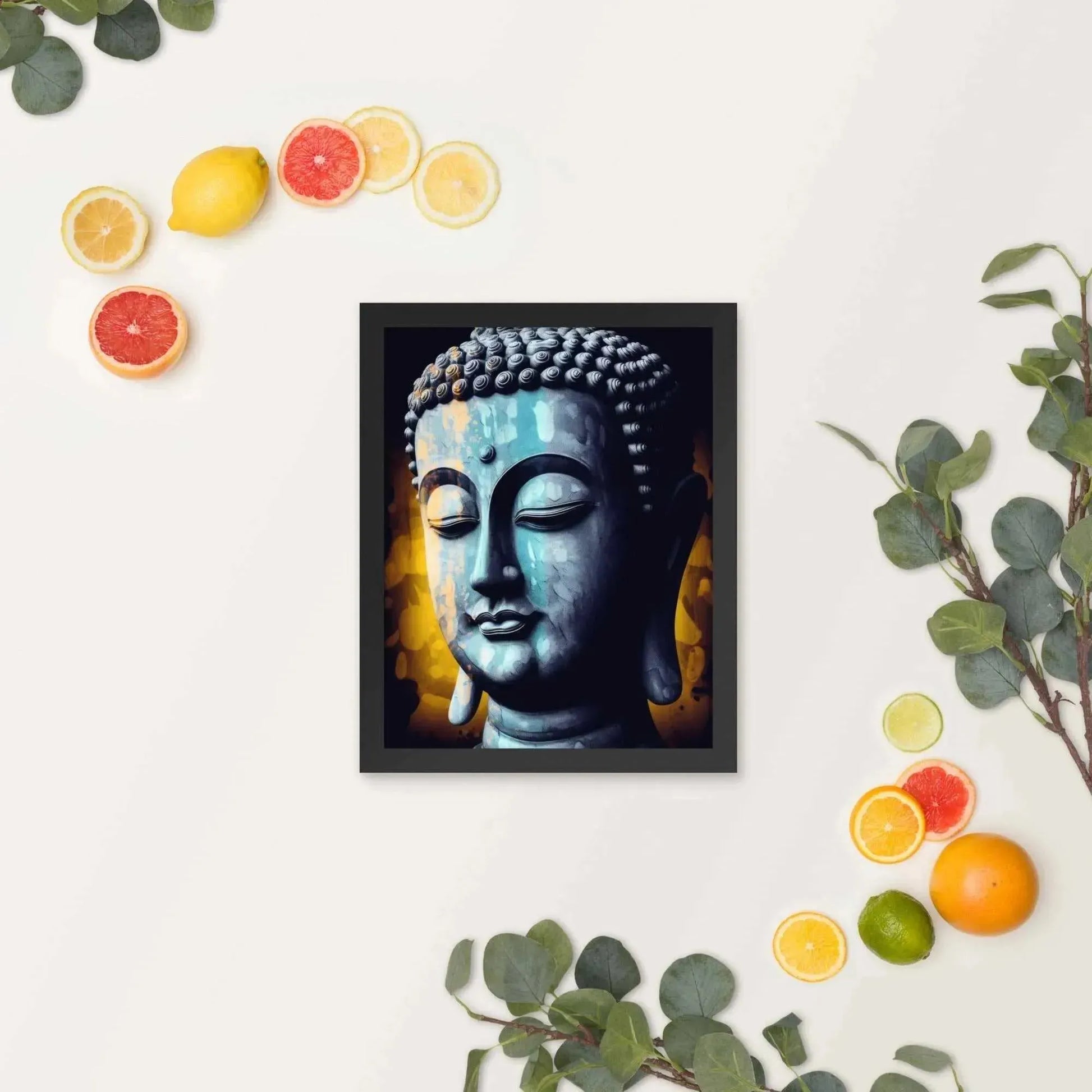 The Zenartbliss Inner Peace Art, a calming blue textured print with a sustainable frame, showcases an introspective Buddha statue surrounded by vibrant citrus fruits and lush eucalyptus leaves on a light backdrop.