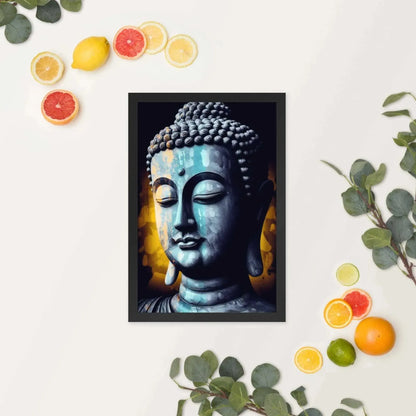 A serene artwork by Zenartbliss, featuring an Introspective Buddha statue with closed eyes and surrounded by assorted citrus fruits and green foliage on a light background, is presented as the "Inner Peace Art - Calming Blue Textured Print with Sustainable Frame.