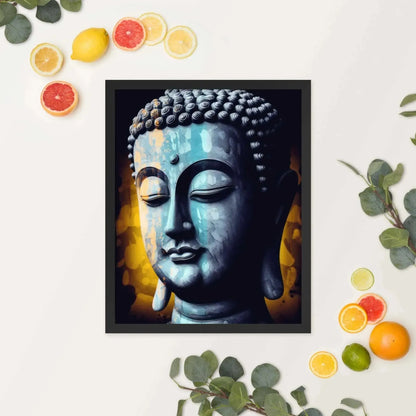 The "Inner Peace Art" by Zenartbliss features a calming blue textured print in a sustainable frame, depicting an introspective Buddha with closed eyes against a black background. This masterpiece is beautifully complemented by slices of citrus fruits and sprigs of eucalyptus, offering a mindful contrast on a white surface.
