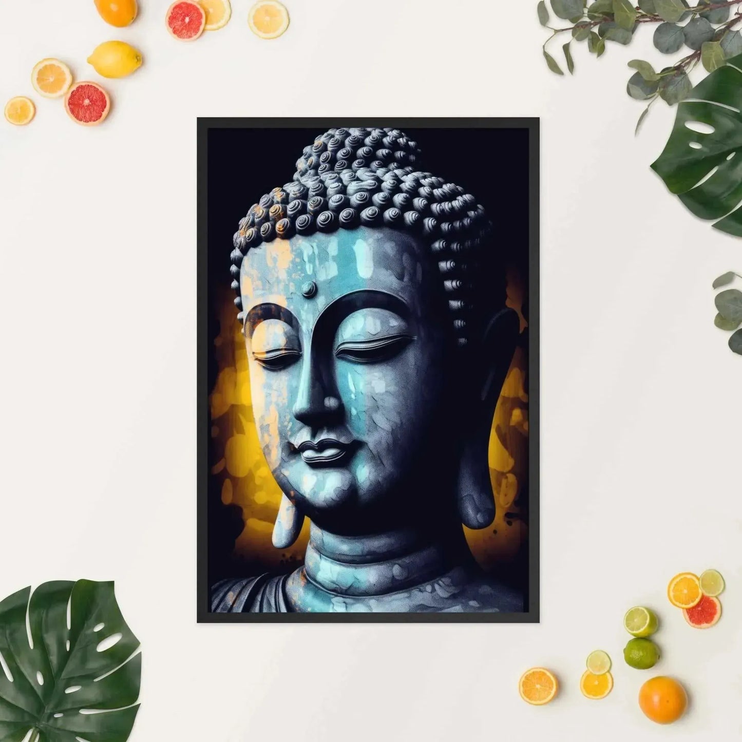 Experience the Zenartbliss atmosphere with the "Inner Peace Art" - a framed image featuring an introspective Buddha statue in a calming blue and yellow color palette. The picture is beautifully complemented by scattered citrus fruits and green leaves on a white surface, all framed sustainably.