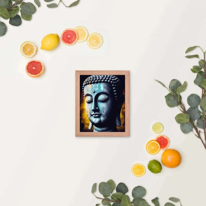 This serene piece from ZenArtBliss, titled "Inner Peace Art," showcases an introspective Buddha bust set against a light background. It is embellished with an artful arrangement of citrus fruits, including grapefruit, lemon, and lime slices, along with whole oranges and lemons. The artwork is complemented by eucalyptus branches and presented in a calming blue textured print within a sustainable frame.