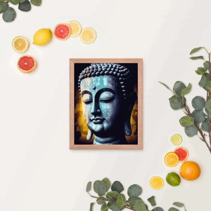 The Inner Peace Art - Calming Blue Textured Print with Sustainable Frame, from Zenartbliss, features a meditative Buddha statue against a light backdrop, surrounded by a semi-circle of citrus fruits and leaves.