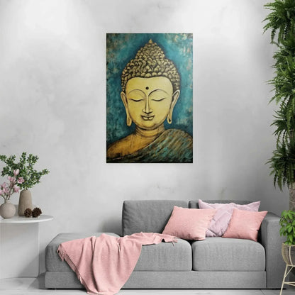 Buddha artwork above a gray sofa adorned with pink throw pillows, adding a meditative touch to a cozy living room setting.