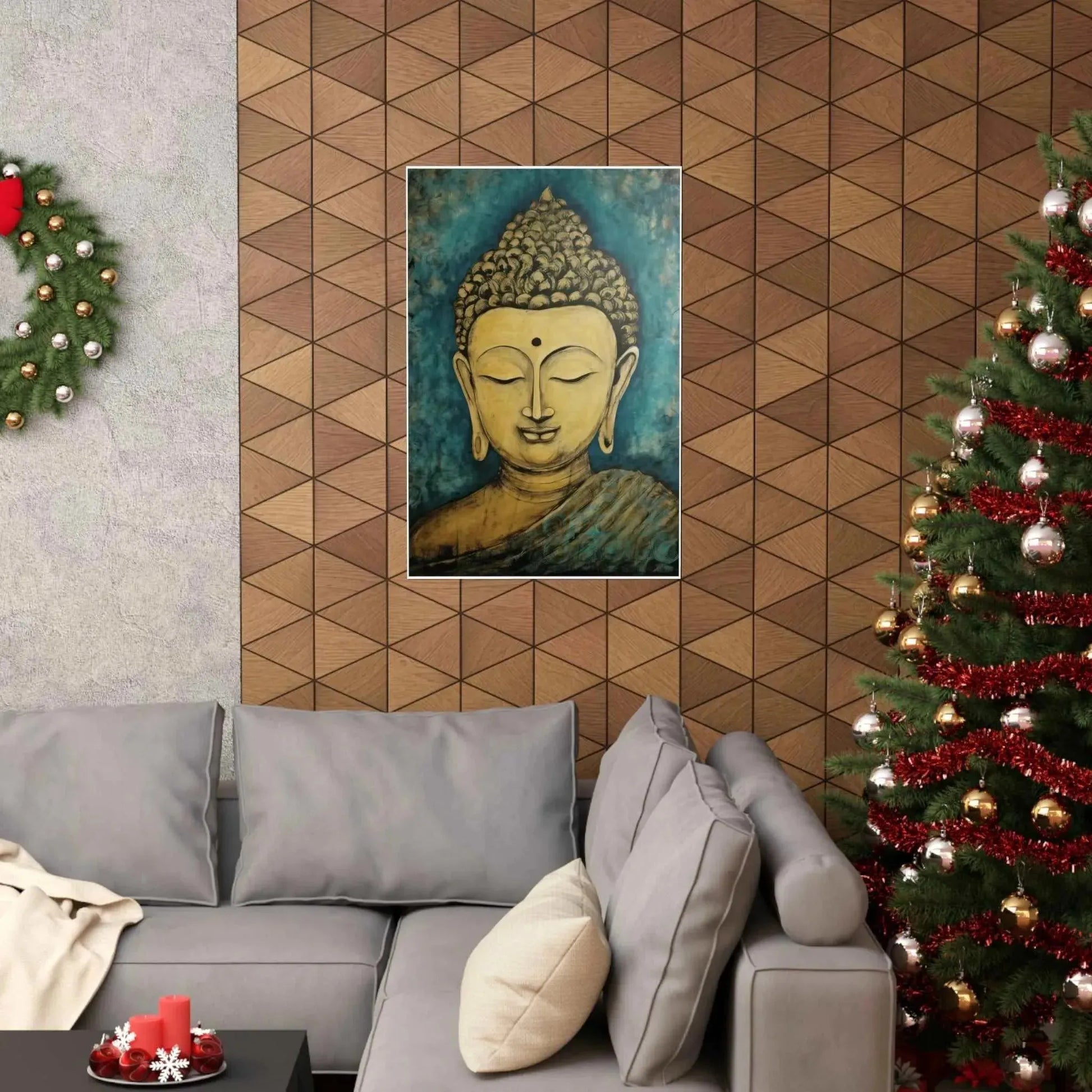 ZenArtBliss.com's Kentucky Buddha in Art, featuring a golden Buddha Head against a teal background on matte paper, embodying peace and wisdom.