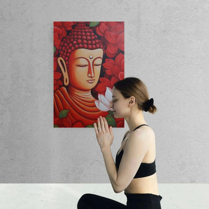 Lotus Serenity - Red Buddha with White Lotus Poster -ZenArtBliss