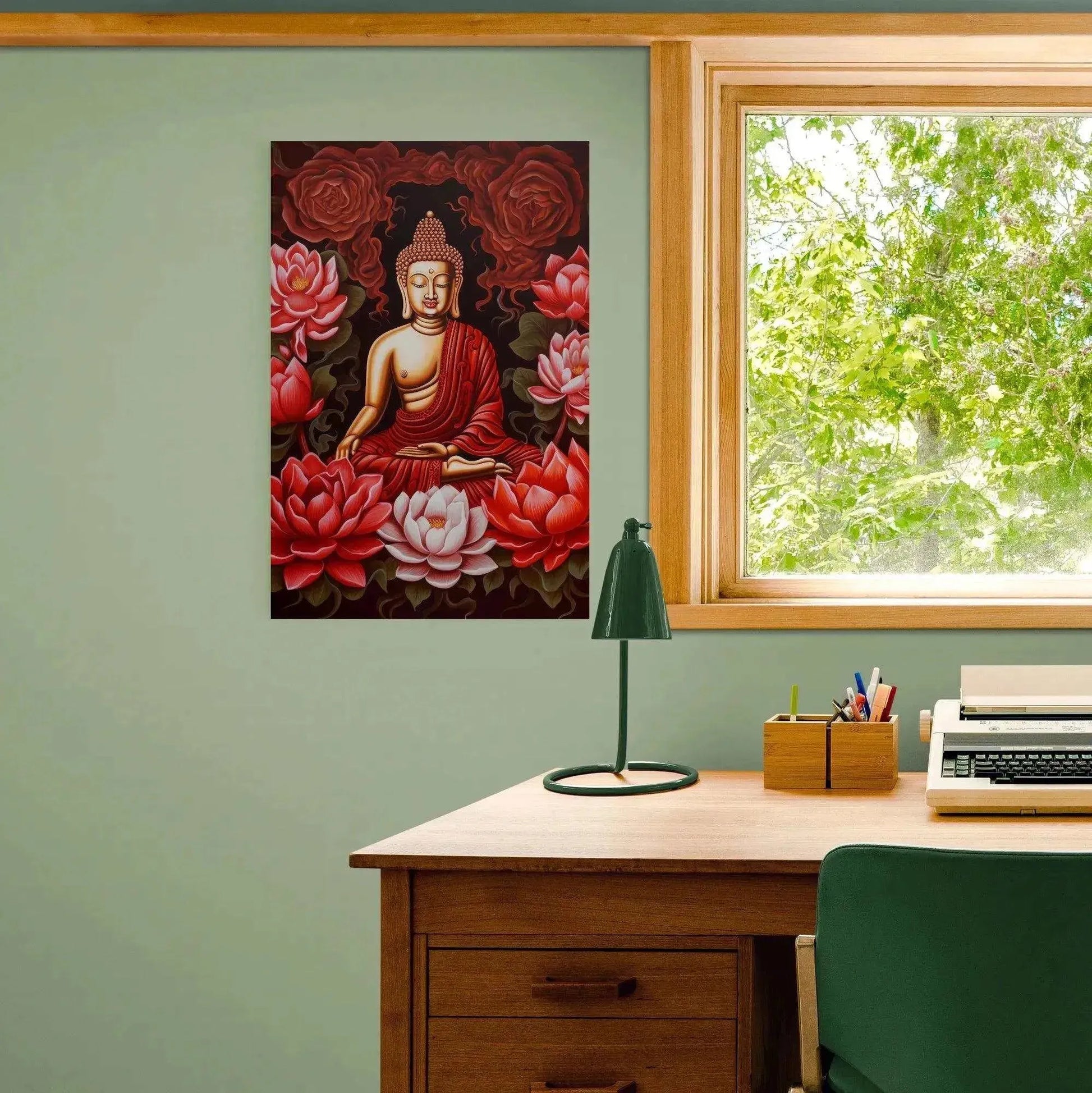 Lotus Serenity - Red Buddha with White Lotus Poster -ZenArtBliss