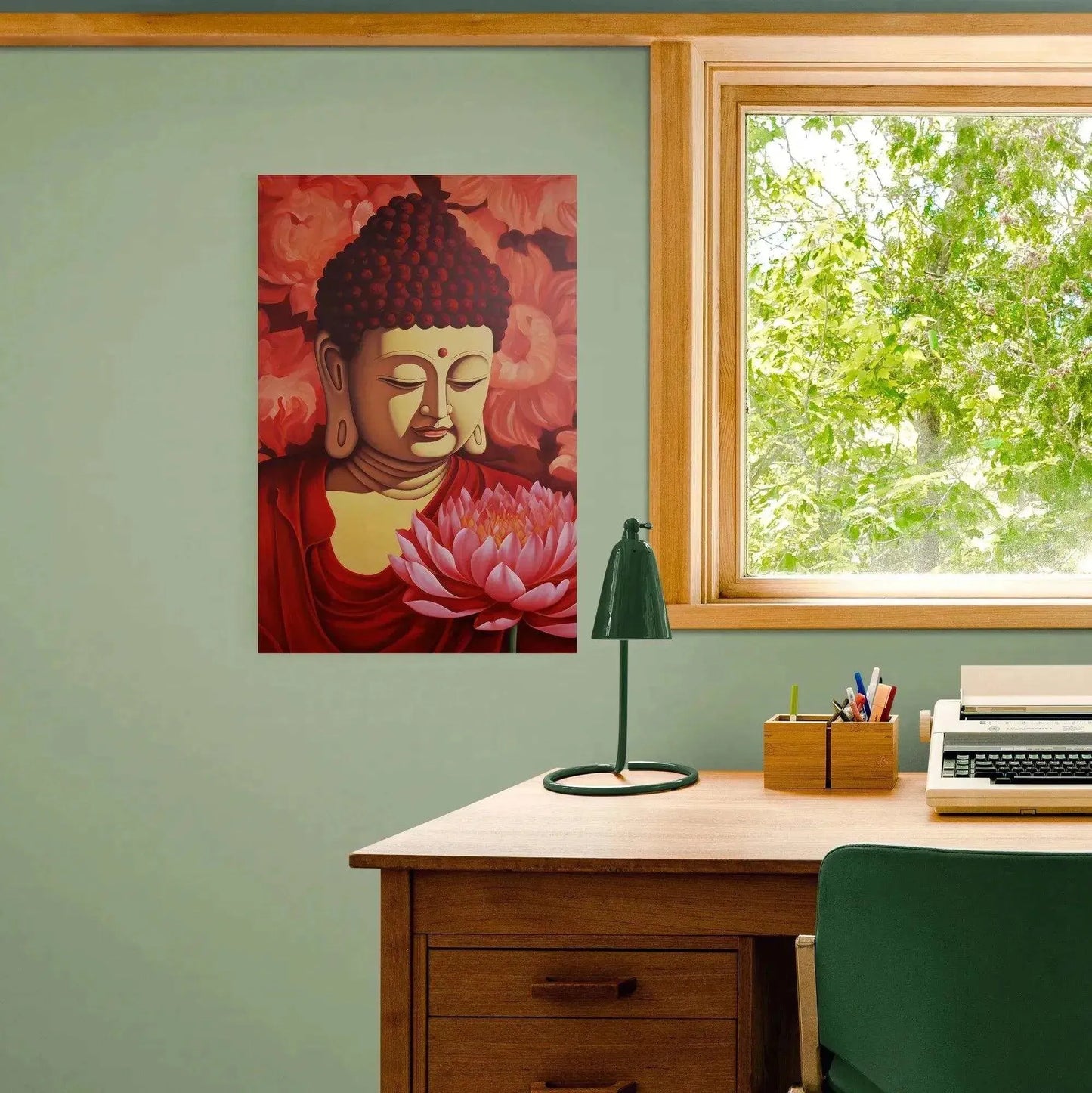 Lotus Tranquility - Red Buddha and Lotus Art Painting -ZenArtBliss