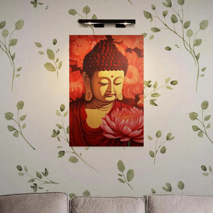 Lotus Tranquility - Red Buddha and Lotus Art Painting -ZenArtBliss