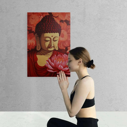 Lotus Tranquility - Red Buddha and Lotus Art Painting -ZenArtBliss