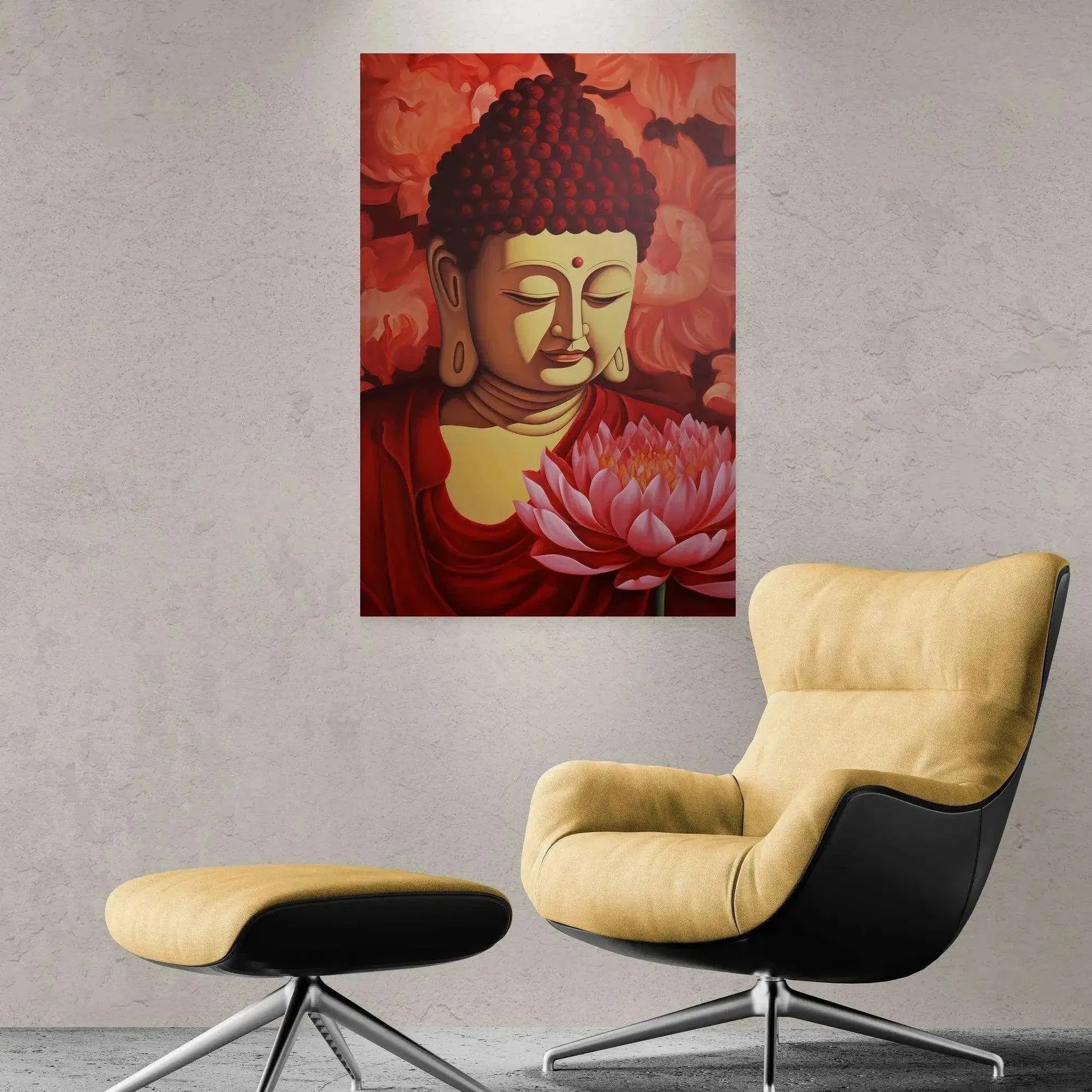 Lotus Tranquility - Red Buddha and Lotus Art Painting -ZenArtBliss