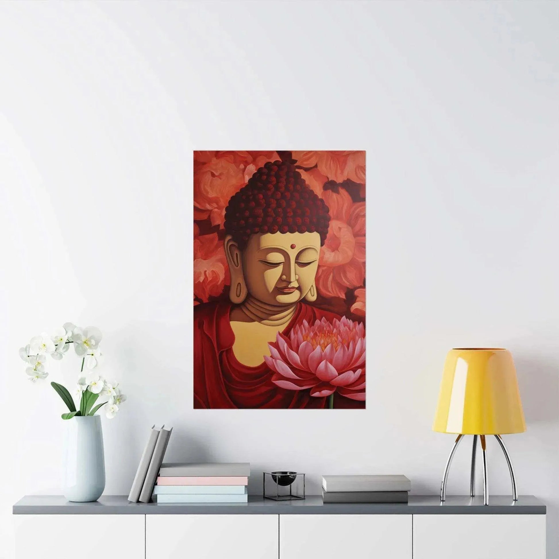 Lotus Tranquility - Red Buddha and Lotus Art Painting -ZenArtBliss