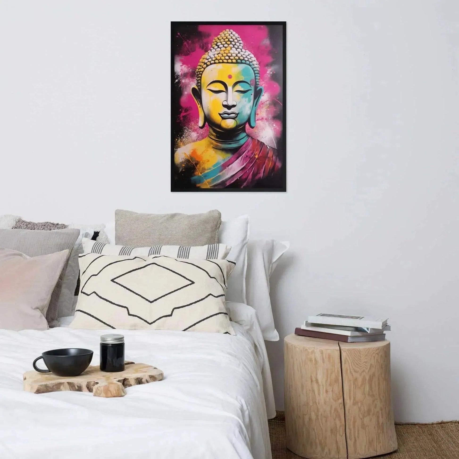 A vibrant framed poster of a stylized Modern Buddha Painting hangs on a white wall above a neatly arranged bed with plush pillows and a decorative cushion. A bedside table to the right holds a stack of books beside a white bed covered in crisp linen. A wooden tray with a black bowl and a jar rests on the bed, adding a homely touch to the modern, serene bedroom setting.