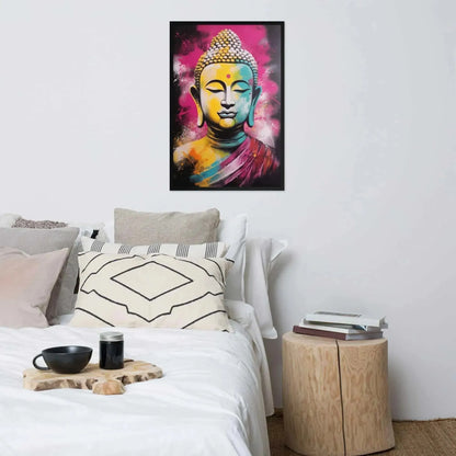 A vibrant framed poster of a stylized Modern Buddha Painting hangs on a white wall above a neatly arranged bed with plush pillows and a decorative cushion. A bedside table to the right holds a stack of books beside a white bed covered in crisp linen. A wooden tray with a black bowl and a jar rests on the bed, adding a homely touch to the modern, serene bedroom setting.