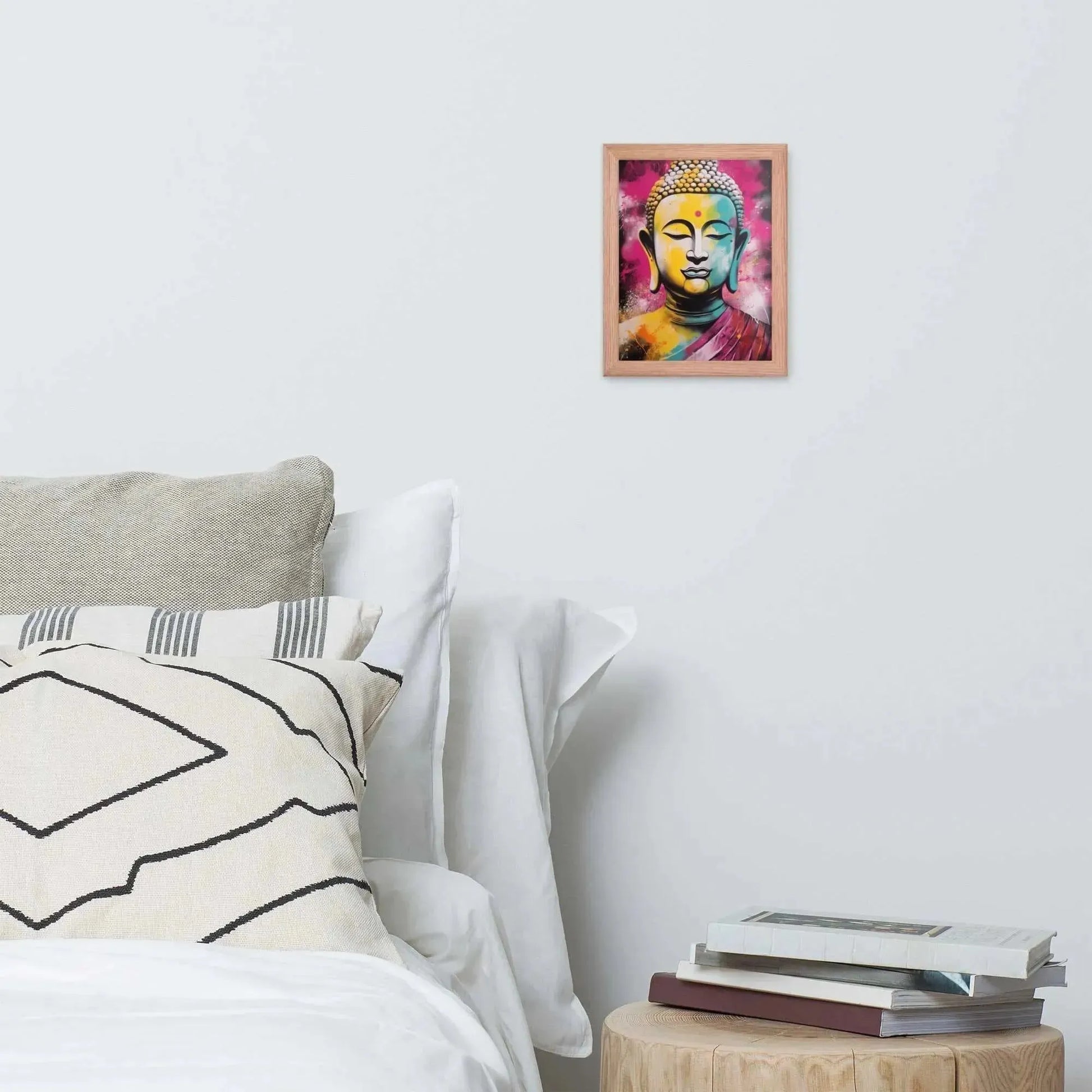 A vibrant framed poster of a stylized Modern Buddha Painting hangs on a white wall above a neatly arranged bed with plush pillows and a decorative cushion. A bedside table to the right holds a stack of books beside a white bed covered in crisp linen. A wooden tray with a black bowl and a jar rests on the bed, adding a homely touch to the modern, serene bedroom setting.