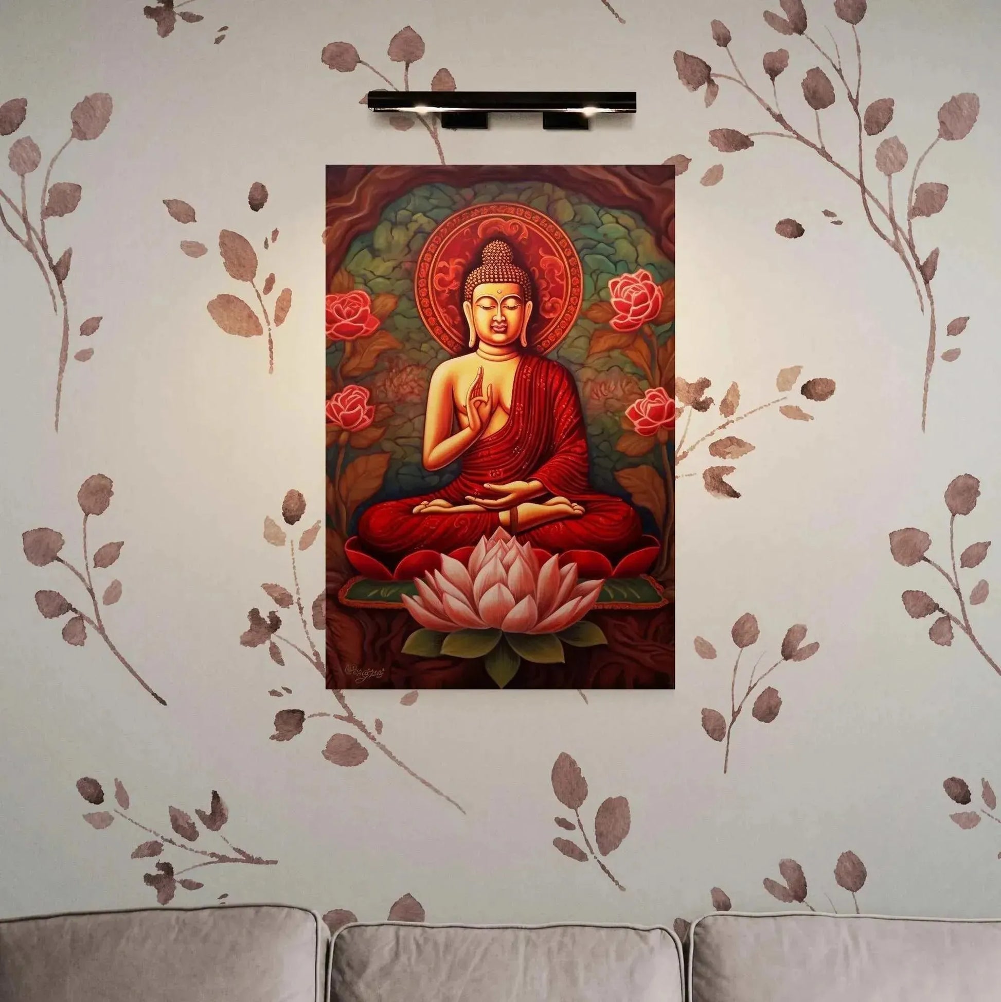 A vibrant sitting Buddha print from ZenArtBliss.com, surrounded by lotus flowers and set against a subtle floral pattern, is showcased on a living room wall. A portion of a gray sofa appears at the bottom of the image, enhancing the serene ambiance created by this striking abstract from Printify's collection.