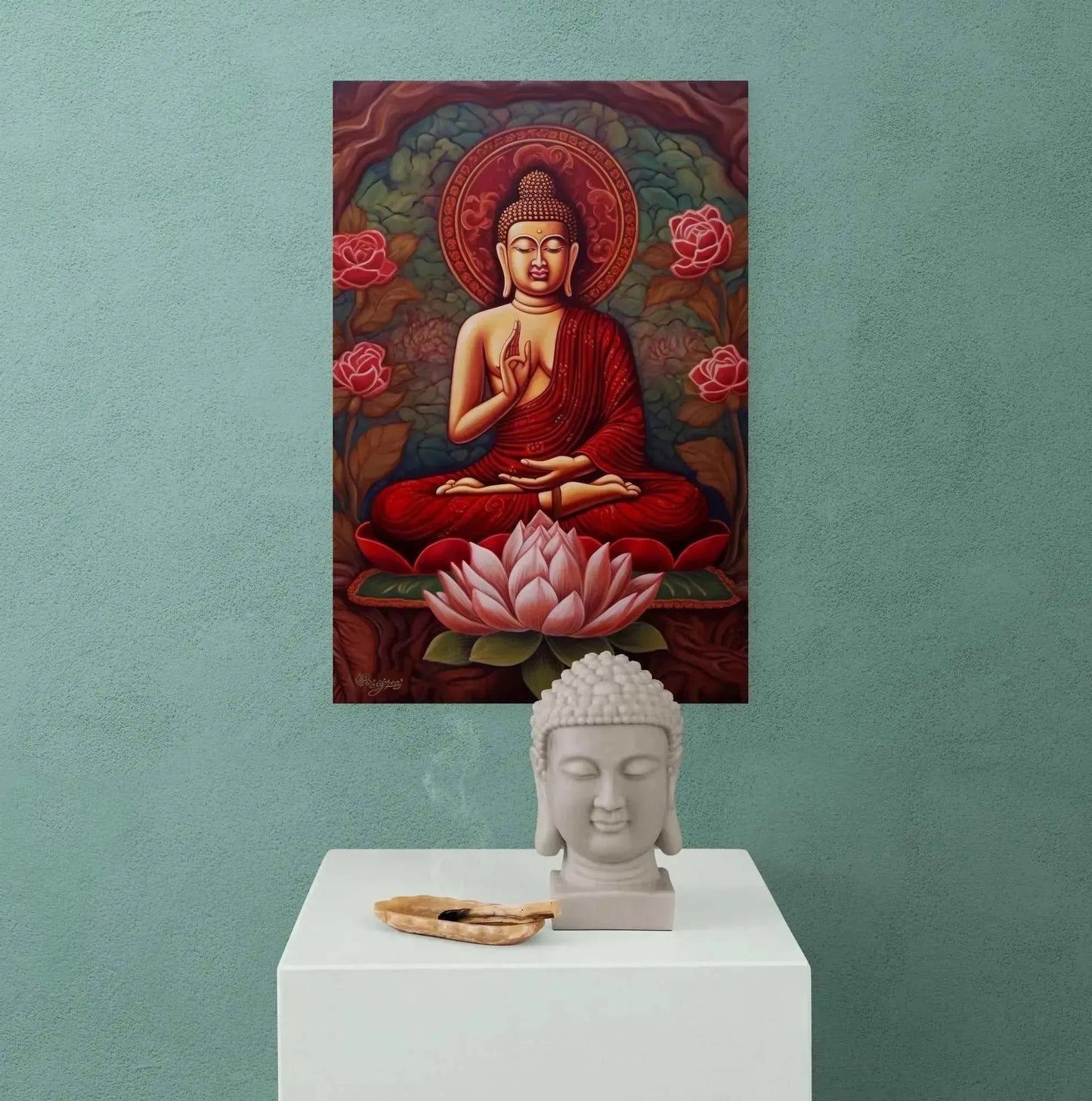 A serene piece of Buddhist art from ZenArtBliss.com, featuring a Buddha in a meditative pose, enhances the tranquility against a green wall. In front, an incense holder shaped like a Buddha head sits on a white pedestal, with smoke softly rising and further adding to the scene's calmness. The artwork is named "Sitting Buddha" and is available through Printify as part of their striking abstract collection.