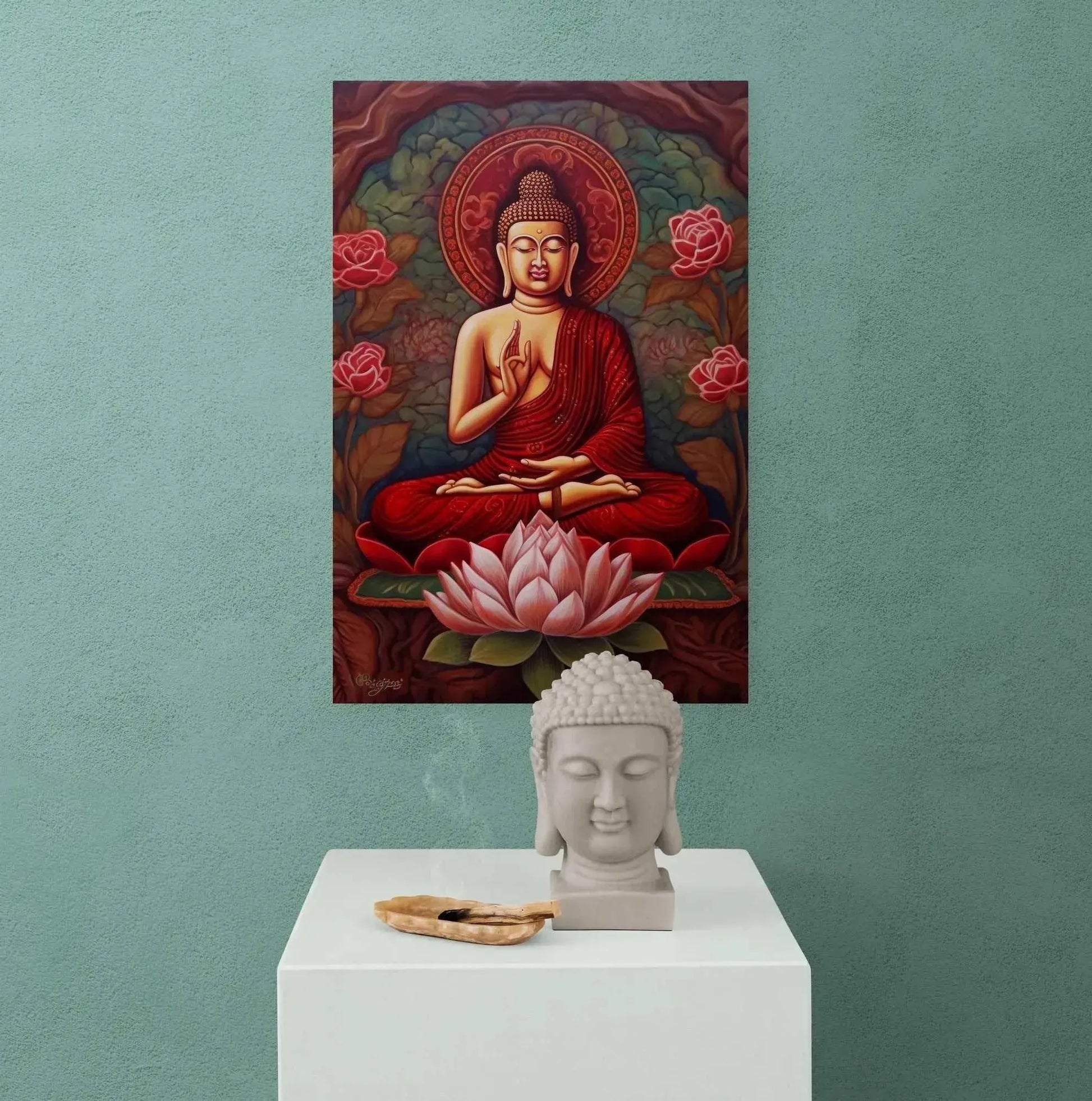 A serene piece of Buddhist art from ZenArtBliss.com, featuring a Buddha in a meditative pose, enhances the tranquility against a green wall. In front, an incense holder shaped like a Buddha head sits on a white pedestal, with smoke softly rising and further adding to the scene's calmness. The artwork is named "Sitting Buddha" and is available through Printify as part of their striking abstract collection.